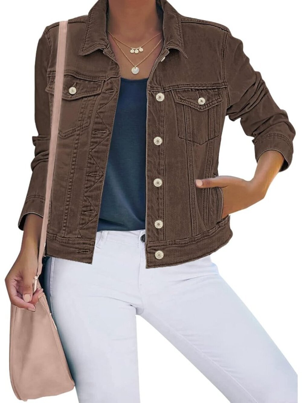 Women's Brown Basic Button Down Stretch Fitted Long Sleeves Denim Jean Jacket